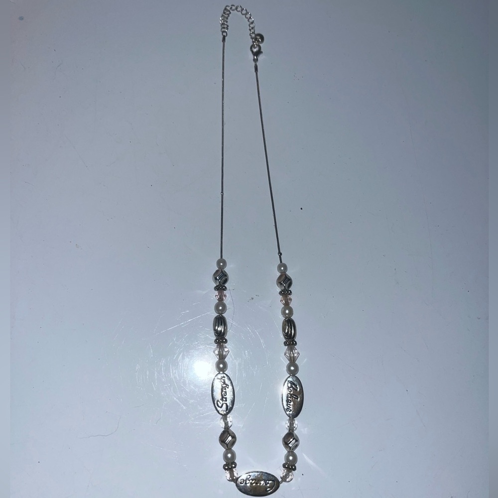 Silver Necklace “Strength, Courage, Believe” with Pearl Accents